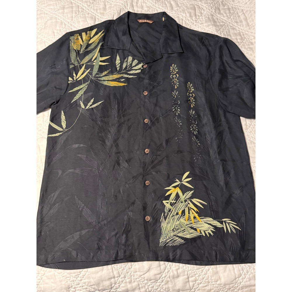 Tommy Bahama Mens Black 100% Silk Bamboo Embroidered Camp Shirt Medium